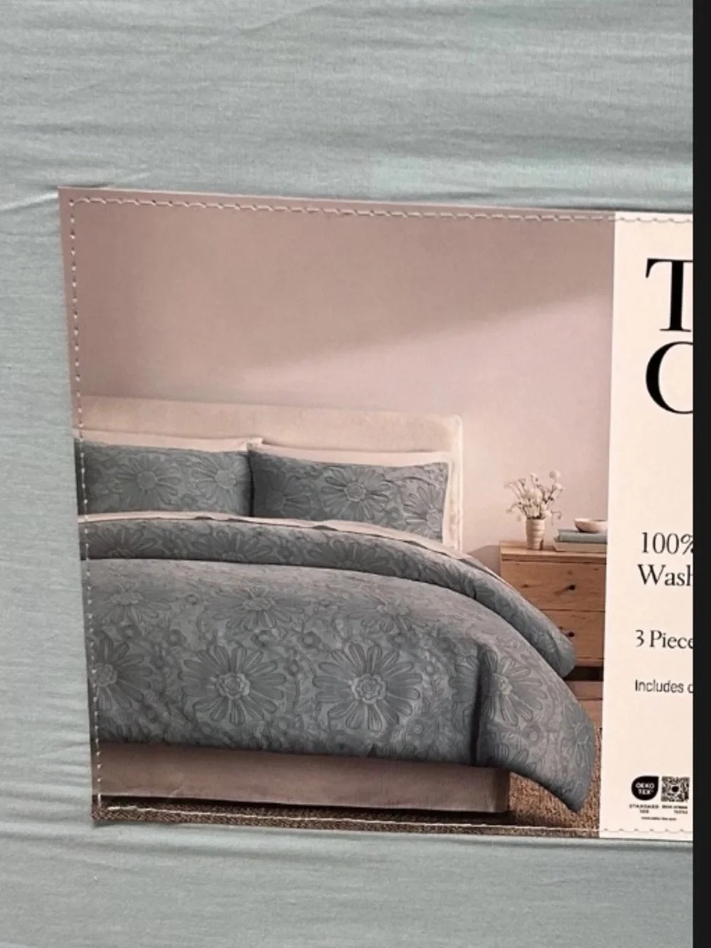 The Texture Collection Queen Cotton Light Teal Green Comforter Set 90”x90”